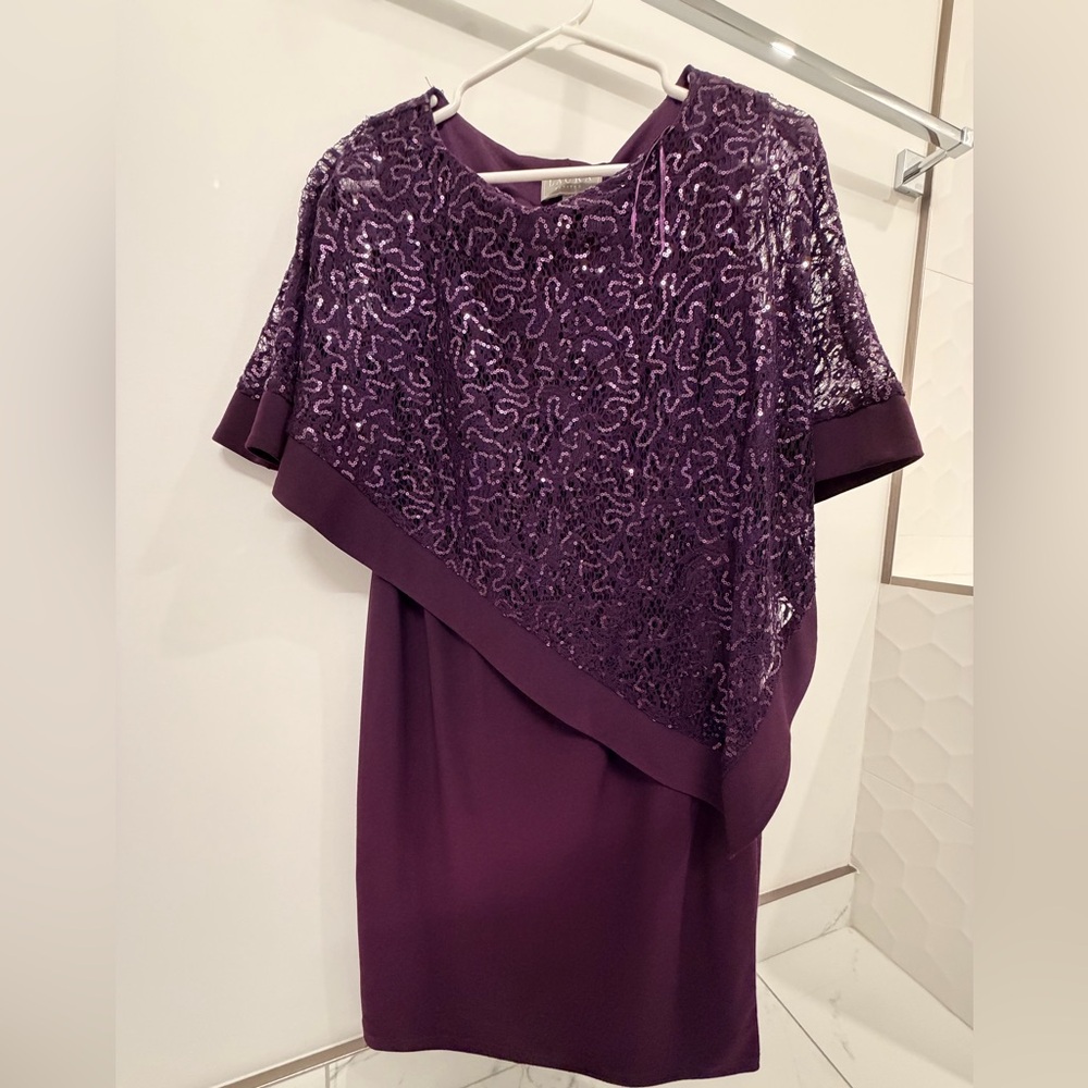 Laura Petite Elegant Purple Sequin Cape Cocktail Dress